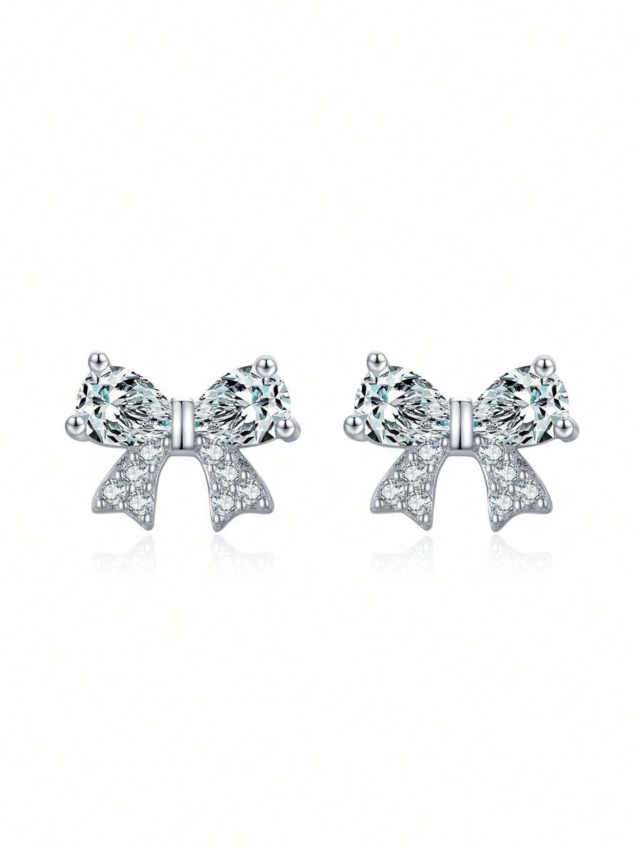 1 Pair 925 Sterling Silver Cute Romantic Dazzling Zirconia Bowknot Earrings For Women Wedding Engagement Jewelry - Silver - View 1