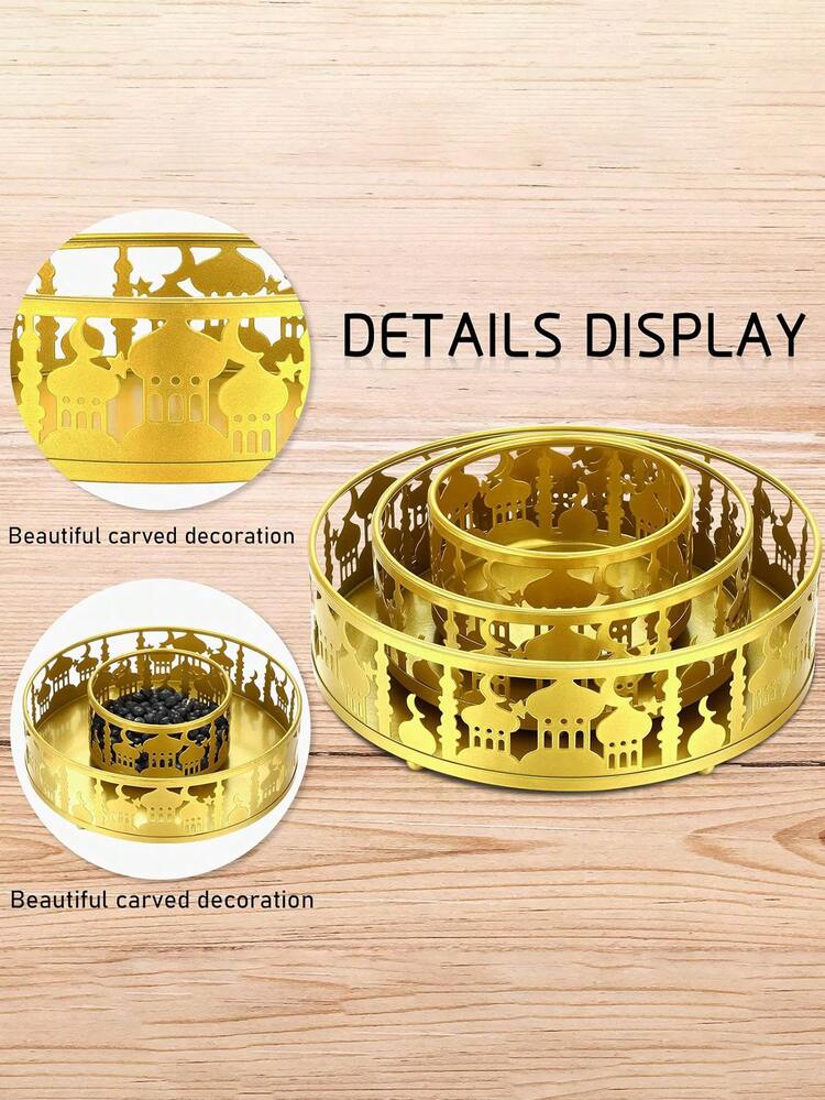 1/3pcs Ramadan Decorations, Tabletop Decor, Ramadan Plate Candy Box, Eid Al-Fitr Round Metal Food Tray Crazy Night Islamic Eid Plate Food Storage Container, Suitable For Islamic Ramadan Events Parties Gifts, Party Supplies, Gold - Gold - View 7