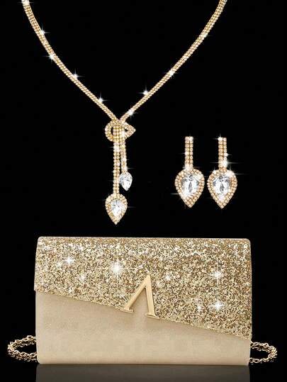Bolso de embrague con lentejuelas de lujo para mujer, bolso con solapa de metal en forma de V, bolso de fiesta con diseño de letra, bolso de fiesta para mujer, bolso de noche de novia, conjunto de joyas de diamantes de lujo brillante, conjunto de collar y pendientes brillantes, adecuado para combinar con vestidos de noche brillantes, vestidos de novia y vestidos de fiesta