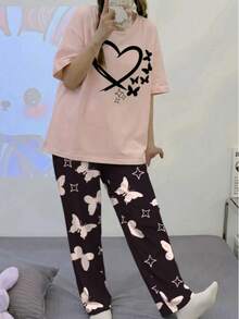 Teen GirlSummer Short Sleeve Top And Pants Set, Crew Neck Cartoon Rabbit Print Outfit - Pink - View 4