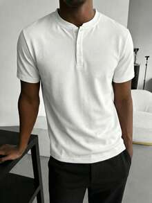 GRDR 1pc Men's Casual Henley Neck Short Sleeve T-Shirt, Summer - White - View 2