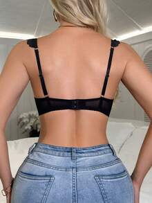 1pc Sexy Lace Semi-Sheer Back Hook Closure Women's Underwire Bra - Black - View 2