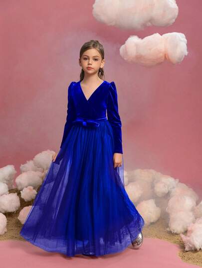  ALISA&LEO 女童长袖丝绒紧身胸衣薄纱礼服，V领，后背拉链，腰间蝴蝶结 – 节日正式场合、生日晚宴、选美比赛礼服、婚礼宾客礼服、春季正式场合