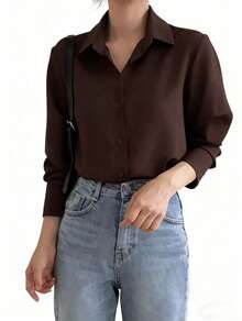 ISADORA MODA Women's Long-Sleeved Shirt, Polyester Fabric, One Button On The Cuffs, Available In White And Black, Sizes S, M, L - 咖啡棕 - 查看 2