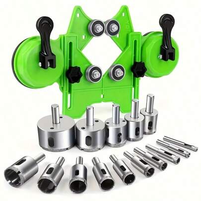 16件套金刚石开孔器套装，带双吸盘 - 空心钻孔导向器，适用于4mm-83mm钻头，可用于陶瓷、玻璃、瓷砖、大理石、花岗岩等多种材料。