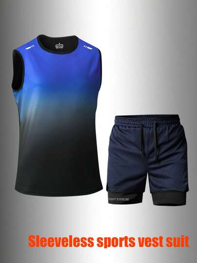 Set de 2 piezas de conjunto deportivo sin mangas con degradado, 5 colores + piel amigable, traje deportivo para hombres para entrenamiento y uso casual, primavera/verano