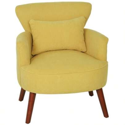 Moderne fauteuil, gestoffeerde accentstoel met lendensteun, poten van rubberhout, geel