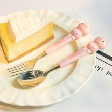 2 Piezas Juego de Cuchara y Tenedor de Acero Inoxidable Portátil, Incluye Estuche Transparente Reutilizable, Ideal para el Hogar, Escuela, Picnics y Camping al Aire Libre - Oso café - Ver 7