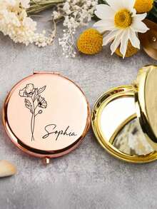 1个个性化刻字不锈钢便携镜，饰有生日花图案 - 可定制姓名，适合女性、伴娘、求婚、婚礼、生日、圣诞节等场合，优雅便携，可定制姓名 | 精致便携镜 | 刻字配饰 - 彩色 - 查看 4