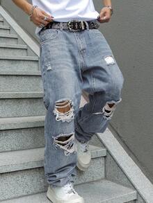 Men's Ripped Jeans Relaxed Fit Straight Leg Distressed Vintage Denim Pants Y2K Hip Hop Skater Streetwear Casual Trousers - 淺色水洗藍 - 查看 9