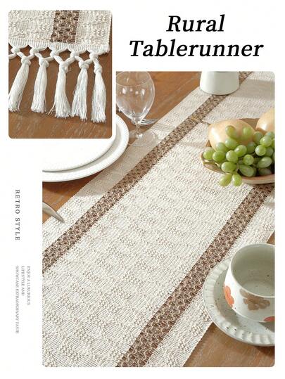 1pc Cream Brown Boho Style Table Runner, Tasseled Fringe Design, Minimalist Elegant Table Decor, Multiple Sizes Available, Suitable For Restaurant/Bedroom Decoration, Wedding, Kitchen, Home Decor, Dining Table Decor, Table Decoration, Coffee Table, Wedding Decor