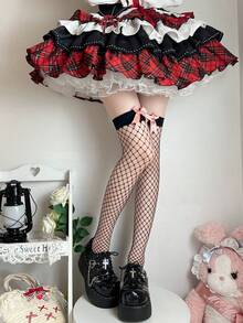 1 Pair Women's Thin Hollow-Out Mesh Thigh High Socks With Bow, Versatile For Spring/Summer, Sweet Party Wear - Black - View 3