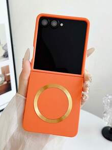 1pc Fashionable And Simple Solid Color PC Material Magnetic Element Folding Phone Case, Can Protect And Prevent Falling: Compatible With SamsungGalaxy Zflip 3/Zflip 4/Zflip 5/Zflip 6/Zflip 7/ Razr 50 Ultra/ Razr 60 Ultra/ 60/ Razr 50/Galaxy Z Flip7 FE - Orange - View 1
