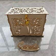 1pc Wedding Card Box With Unique Hollow-Out Design, Reception Envelope Box With Lock And Slot, DIY Hollow Wooden Box Suitable For Wedding Party, Anniversary, Birthday Party, Christmas - Wood Color - View 6