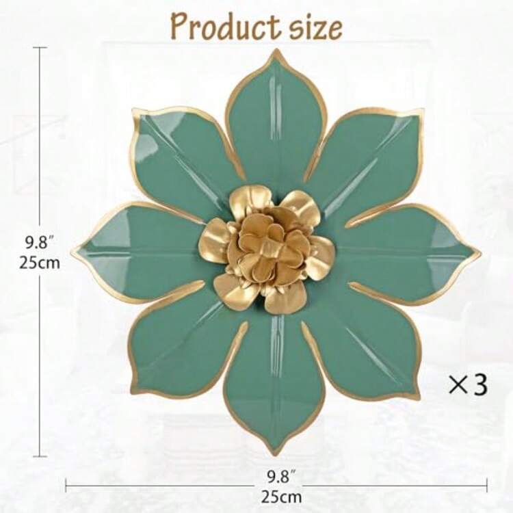 Flores de metal de 10 pulgadas decoración de pared de metal floral 3D verde y dorado decoración de pared para uso en innoor y al aire última intervensión arte de pared clásico y moderno para baño - #3 Verde - Añade 2