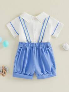 2Pcs Mamas Boy Baby Clothes Summer Outfits Short Sleeve Bowtie Romper And Suspender Shorts Set Mother's Day Valentines Gentleman Outfit - Blue - View 4