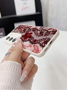 1pc Fashion Red Lace Slogan & Flower Pattern Litchi Texture Anti-Drop Anti-Slip Soft Phone Case Protective Cover Compatible With Apple, Phones - Multicolor - View 5