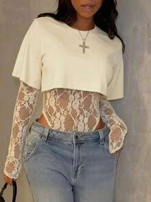 Áo croptop tay ngắn xuyên thấu ren gợi cảm dành cho nữ, áo liền thân ren phối màu trơn, thích hợp mặc hàng ngày, hẹn hò, tiệc tùng, biểu diễn sân khấu, phong cách thanh lịch mùa xuân/hè. - Màu be - Xem 7