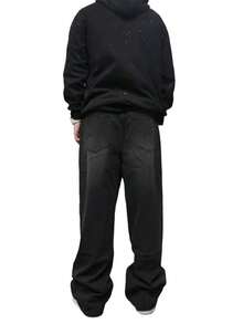 Hearty Haven 1pc Casual Loose Straight Leg Washed Denim Jeans For Men (No Belt Or Accessories) - Black - View 8