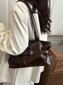 1个复古大容量手提包，通勤超大腋下包，时尚女士摩托车手提包，PU纯色油蜡皮革，肩带装饰，拉链封口，女士单肩包，适合工作、上学、旅行、购物、商务等场合，日常使用。 - 咖啡 - 查看 9