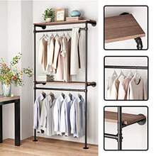 Industrial Pipe Clothing Racks with 2 Tier Shelves Wall Mounted Black Clothes Rack with Double Hanging Rods Heavy Duty Garment Storage Rack Display Racks Rod for Clothes Laundry Room - Negro-2 estantes - Ver 2