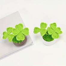 Artificial Plant Potted, Hand-Crocheted Four-Leaf Clover Potted Plant, Home/Office Desk Decor, Unique Handmade Woven Gift For Wife/Girlfriend/Sister/Mother, Valentine's Day/Birthday/New Year Decoration - Multicolor - View 10