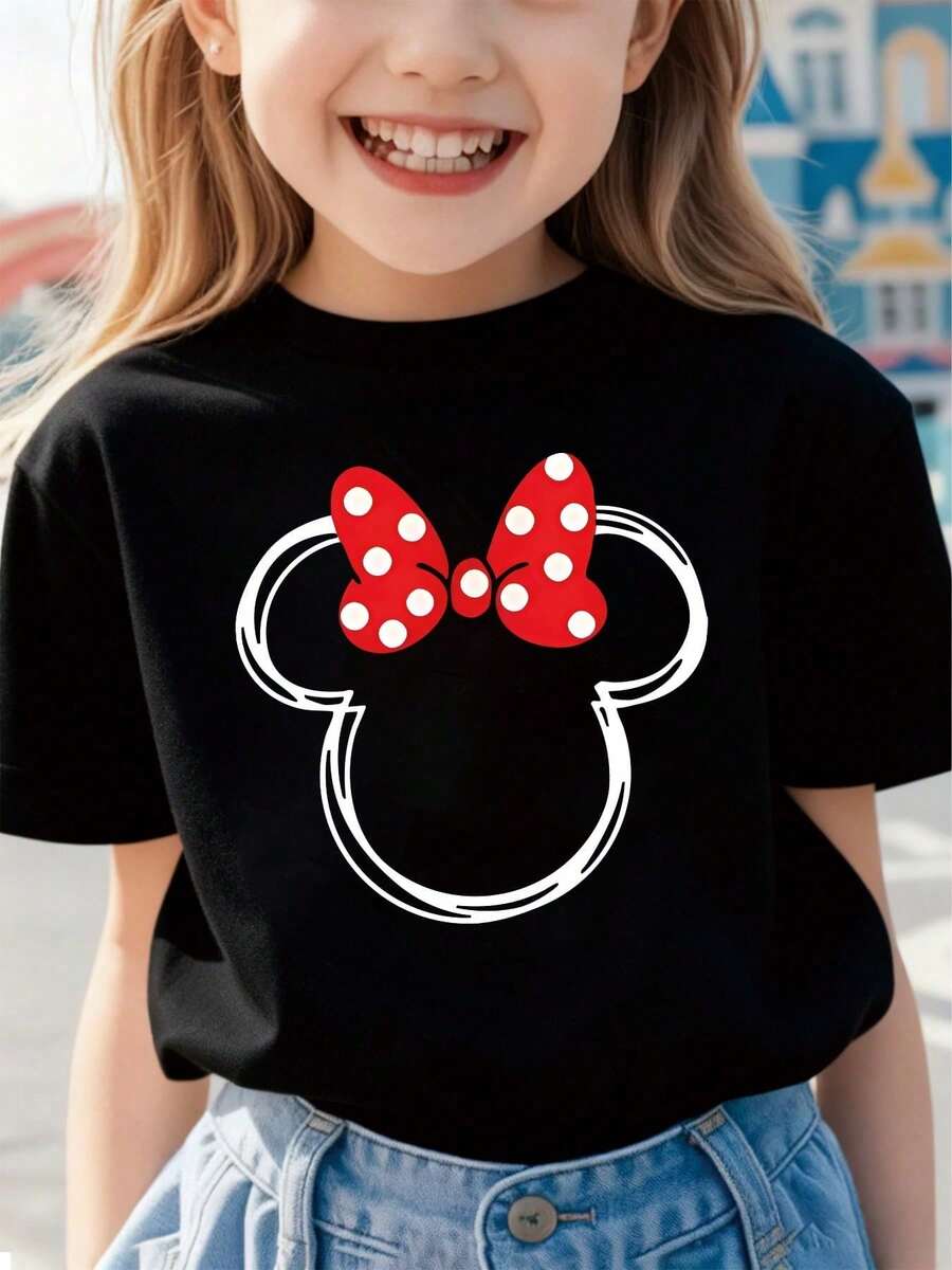 1pc Disney Minnie Mouse Minimalist Line Art Print With Classic Red Bow Tween Girl Casual Everyday T-Shirt, Comfortable & Versatile, Perfect For School & Hangouts - 黑色 - 查看 1
