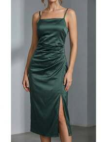 Vestido elegante y sexy de fiesta verde para mujer, vestido de verano ajustado y delgado de moda, vestido de noche de cumpleaños con tirantes finos y estilo vintage - Verde Oscuro - Ver 2