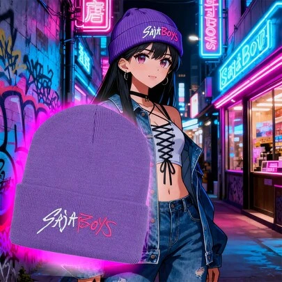 Mattel 女巫猎人 K-POP 帽子系列：彩色针织帽，正面印有女巫猎人卡通团体和鲜艳的标志，可折叠下摆设计，保暖舒适，适合校园、街头和演出场合，男女通用，多种颜色，兼具时尚与粉丝收藏，高性价比日常必备单品。