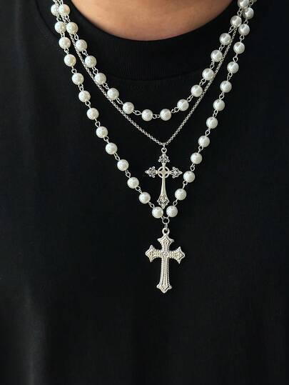 3pcs Punk Gothic Cross Pendant Necklace, Multi-Layer Long Y2K Vibe Choker Necklace For Men, Suitable For Sweater, Shirt, Leather Jacket Outfits