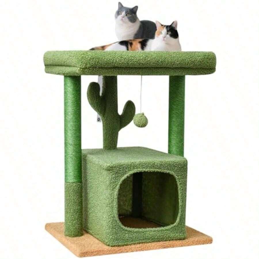 27" Cactus Cat Tree For Indoor Cats Green Activity Tower With Scratching Posts Modern Kitten Condo With Plush Perch And Hanging Ball For Play - màu xanh lá - Xem 1