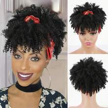 Black Headband Wigs For Women Afro Kinky Curly Wig With Synthetic Short Hair Wigs With Headband Attached Headwrap Wigs Kinky Curly Headband Wig - 黑色紅色 - 查看 8