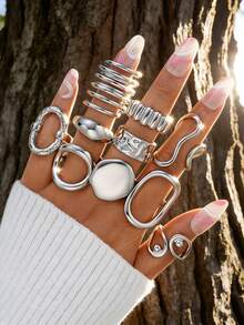 Bộ nhẫn điều chỉnh được, kiểu dáng cổ điển thanh lịch, retro, bất đối xứng, hình học, đường nét nổi bật, cong, chất liệu dày dặn, phong cách Bohemian dành cho nam và nữ, món quà lý tưởng cho bạn bè, gia đình, người yêu, phù hợp cho các bữa tiệc, ngày lễ, đeo hàng ngày (Giao hàng ngẫu nhiên) - Bạc - Xem 5