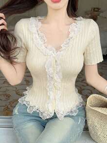 New Unique Design Cropped Lace Cardigan, Sweet & Spicy, Flattering, Suitable For Spring/Summer - Apricot - View 2