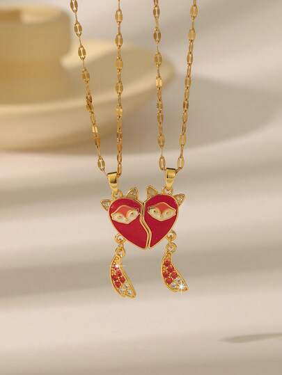 Couple's Fox Heart Pendant Necklace Set, Red Enamel Fully Studded Fox Tail Design, Valentine's Day Gift For Couples & Best Friends, Golden Jewelry