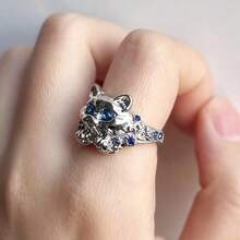 1枚优雅镀银蓝色锆石猫咪戒指，可爱蓝眼睛小猫戒指，适合日常佩戴、珠宝首饰、派对等场合。 - 銀色 - 查看 6