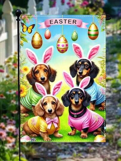 1 pièce Drapeau de jardin de Pâques thème mignon de Teckel, mettant en vedette 4 teckels portant des tenues colorées et des oreilles de lapin, décoré d'œufs de Pâques, de papillons et de fleurs de printemps, design vibrant et gai, convient aux espaces extérieurs comme la cour, le porche, particulièrement aimé des amateurs de teckels et des propriétaires d'animaux de compagnie