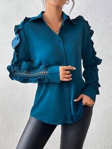 Áo kiểu tay dài cổ bẻ phối ren xếp nếp màu trơn thanh lịch, thích hợp cho mùa thu. - Màu xanh ngọc - Xem 5