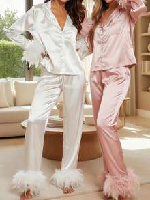 Women's 2 Piece Lounge Set Long Sleeve Lapel Button Up Satin Shirt Pants Sleepwear Sets - 粉色 - 查看 3