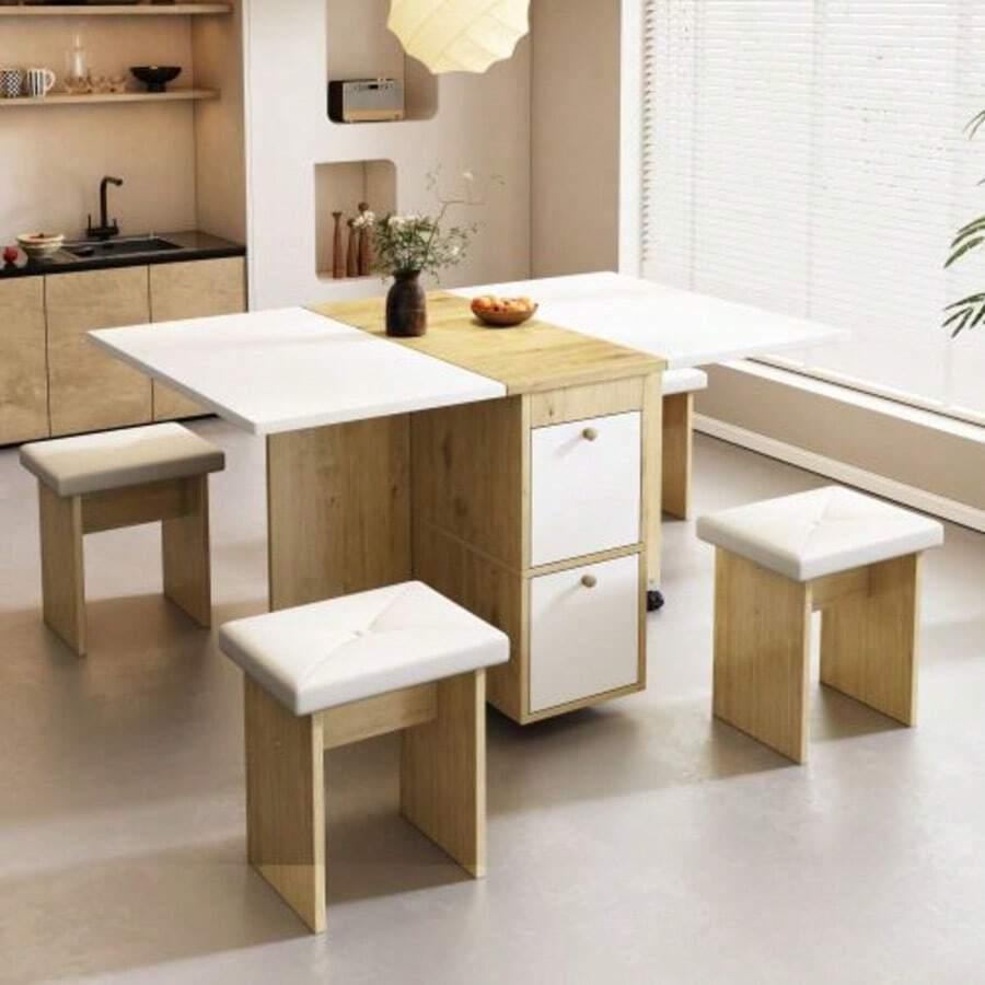 Dining Table Set (With Dining Table, 4 Chairs), Folding Dining Table, 120*80*75cm, Extendable Dining Table, Multifunctional Extendable Dining Table, Dining Chairs, White + Oak - White+Original Wood Color - View 1