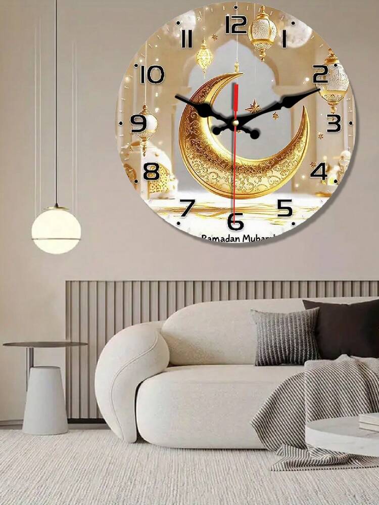 1pc 10"/12" Wooden Wall Clock, Ramadan, Silent Wall Clock - With Crescent Moon And Lantern Pattern - White Wooden Finish, European Style - Ideal For Study Or Living Room Decor, Perfect Gift (Batteries Not Included), Home Decor - Multicolor - View 3
