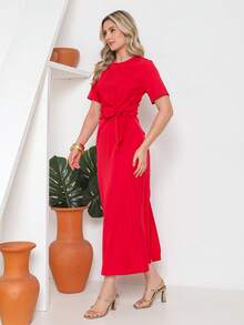 Novo Vestido Longo de Verão com Manga Curta e Cinto Central 2026 - Vermelho - Visão 3