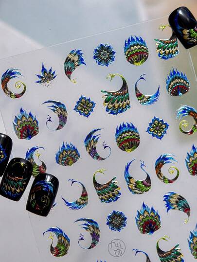 1pc Hot Stamping Exquisite Blue Peacock Gilded Peacock Feather Peacock Spreading Tail Nail Art Stickers 5D Majestic Oriental Nail Decals Self-Adhesive Manicure Accents For Women