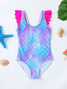 Young Girl Fish Scales Print Ruffle Trim One Piece Swimsuit - Multicolor - View 1