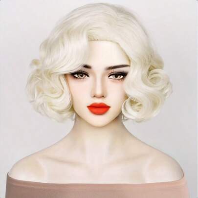 [Platinum Blonde Curly Wig] 8 Inch Platinum Blonde Bouffant Curly Wavy Wig - Synthetic Hair, Natural Looking, Glueless, Heat Resistant, Soft Fiber For Daily Party Use