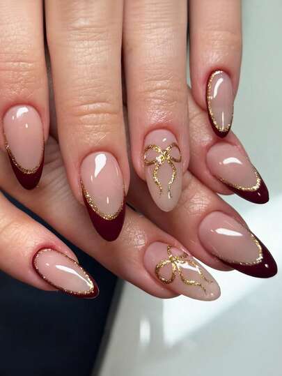 French Bow Acrylic Nails 24Pcs Holographic Medium Almond Press On Nail Tips, DIY Art Nail Glitter Fake Nail Set For Nail Salons Girls And Women Nail Supplies Daily Wear, Holiday Parties, And Gifts