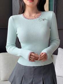 Spring/Summer New Contrast Color Round Neck Ribbed Knit Sweater Women, Long Sleeve Asymmetrical Hem Fitted Commuter Top - Baby Blue - View 3