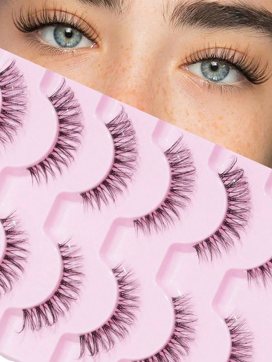 7 Pairs/Set Natural Crossed Style False Eyelashes With Transparent Stems, D Curl For Lengthening Eye Tail,5-13mm - Cat Eye Lashes - View 1