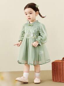 mini bala 2025 Autumn New Girls Mesh Dress, Chinese Style Sweet & Soft Lining - Pink Green - View 3