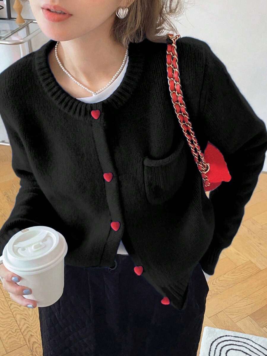 女士休闲简约韩版撞色纽扣圆领毛衣开衫，秋冬款 - 黑色 - 查看 1